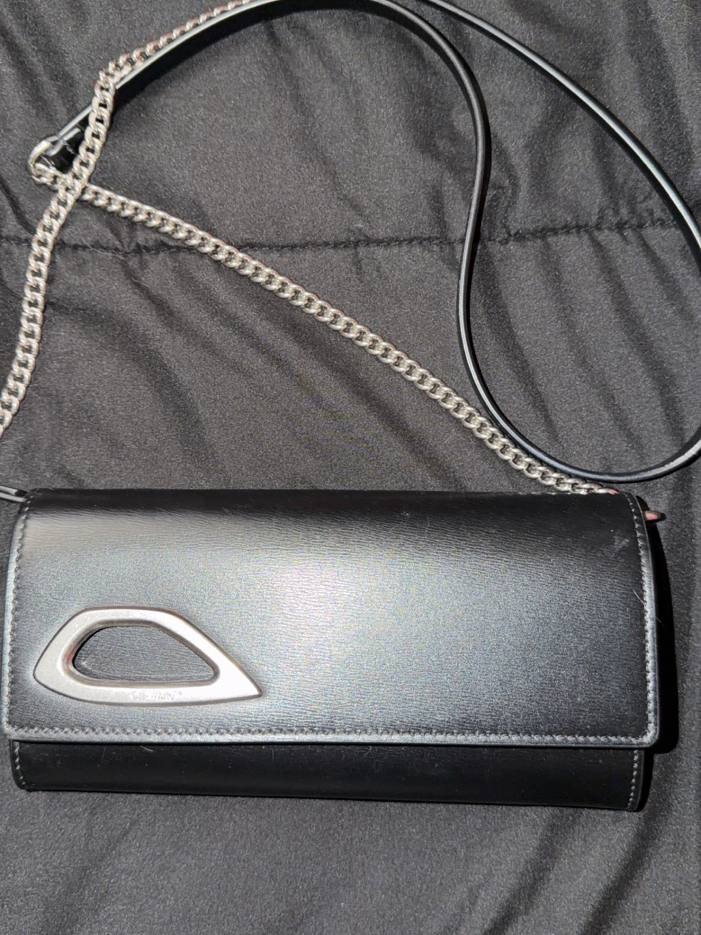 Off-White Black Leather Chain Strap Clutch with Silver Hardware